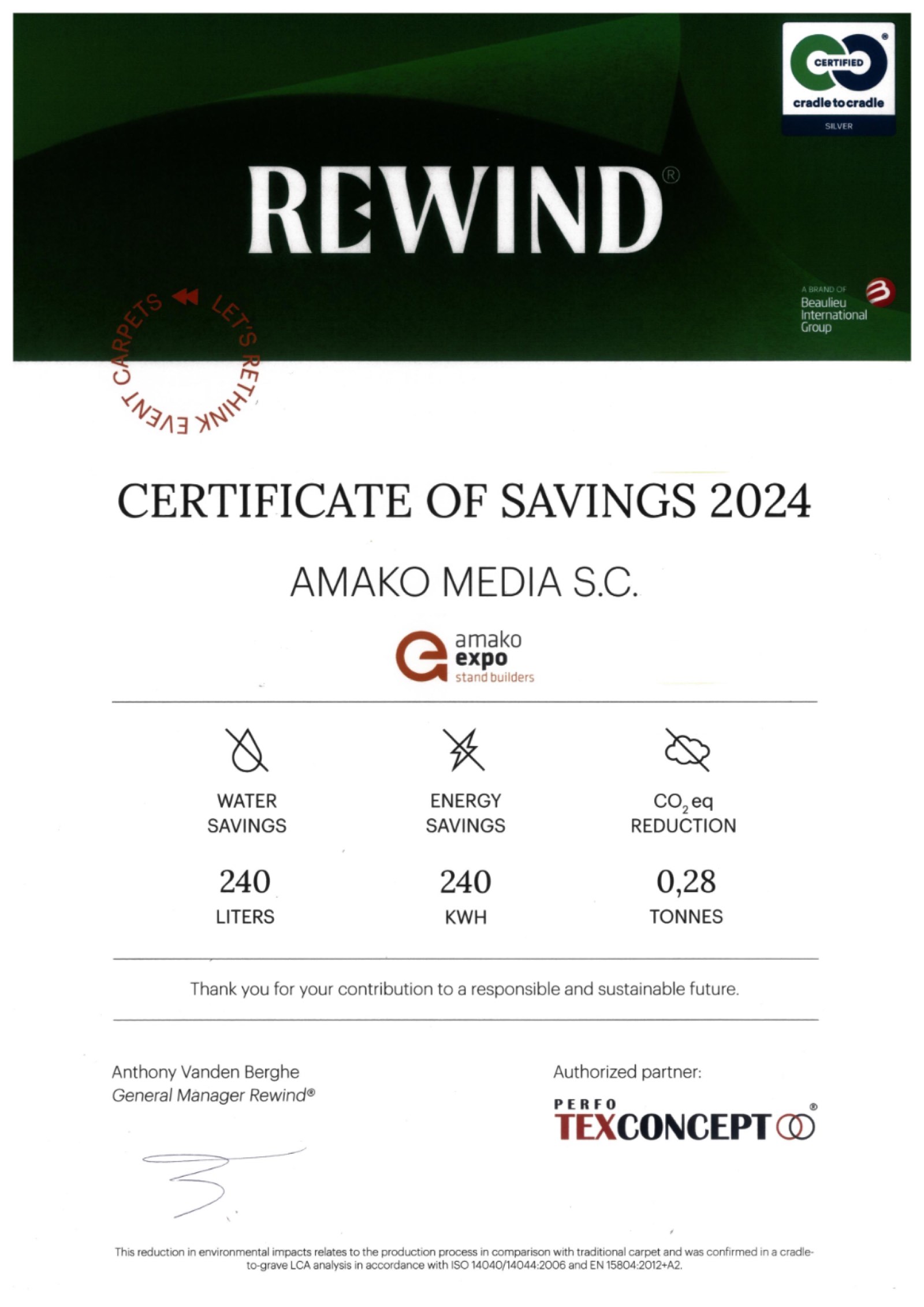 Certyfikat REWIND Certificate of Savings 2024, Cradle to Cradle Silver