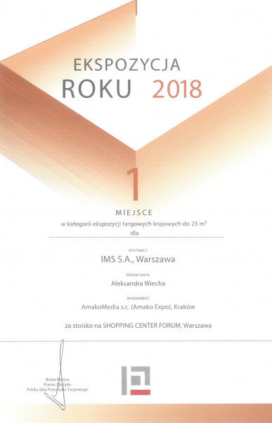 Urkunde Ekspozycja Roku 2018, 1. Platz unter den nationalen Ständen bis 25 m² für den IMS-Stand
