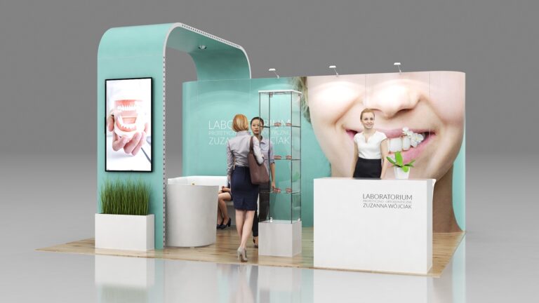 Projekt stoiska konferencyjnego laboratorium stomatologicznego, wizualizacja